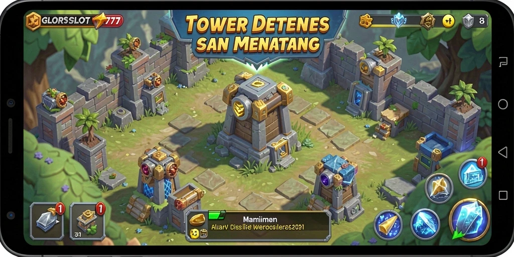 Screenshot gameplay GLORYSLOT777 menampilkan strategi Tower Defense yang seru.