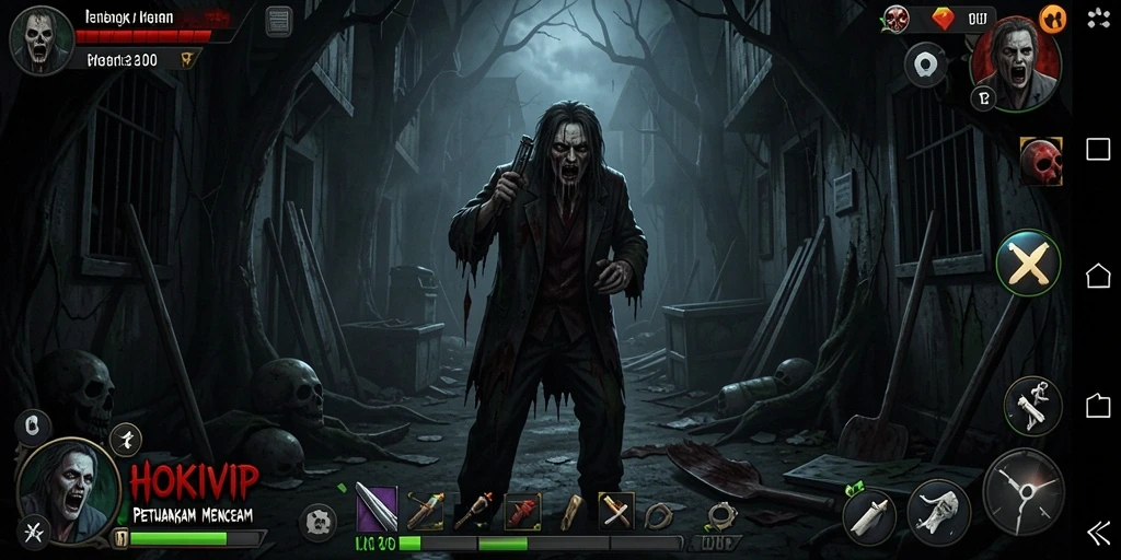 Screenshot HOKIVIP menampilkan aksi menegangkan dalam suasana Horror.