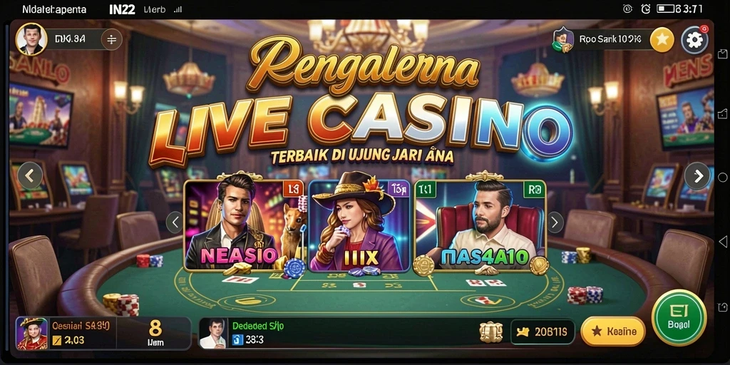 Tampilan screenshot utama IN22 menampilkan dealer langsung dan suasana kasino yang menggugah semangat.