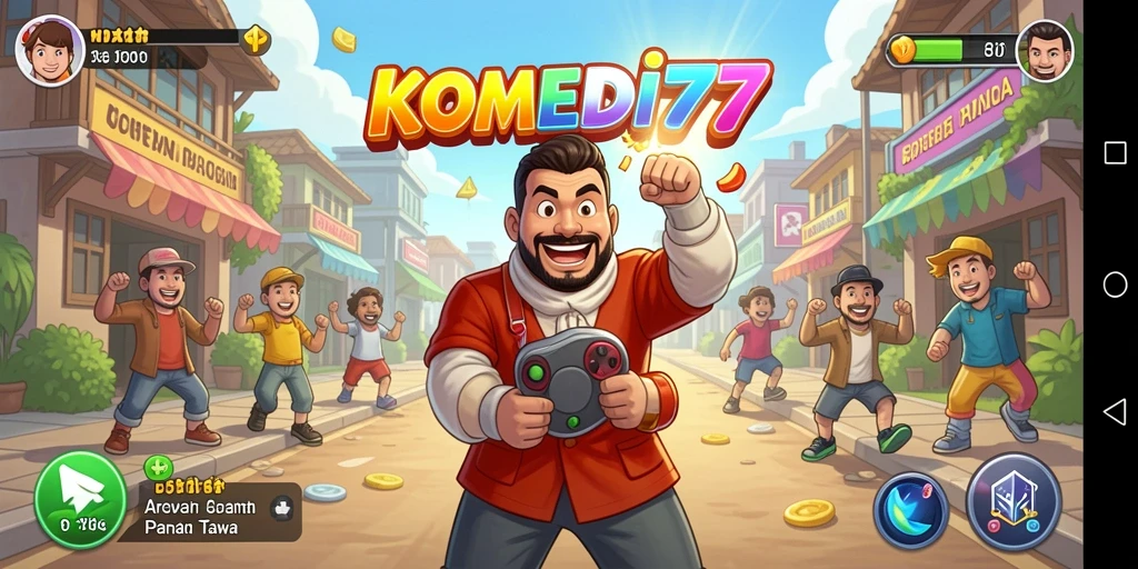 Screenshot gameplay KOMEDI77 menampilkan karakter lucu dan tantangan seru.