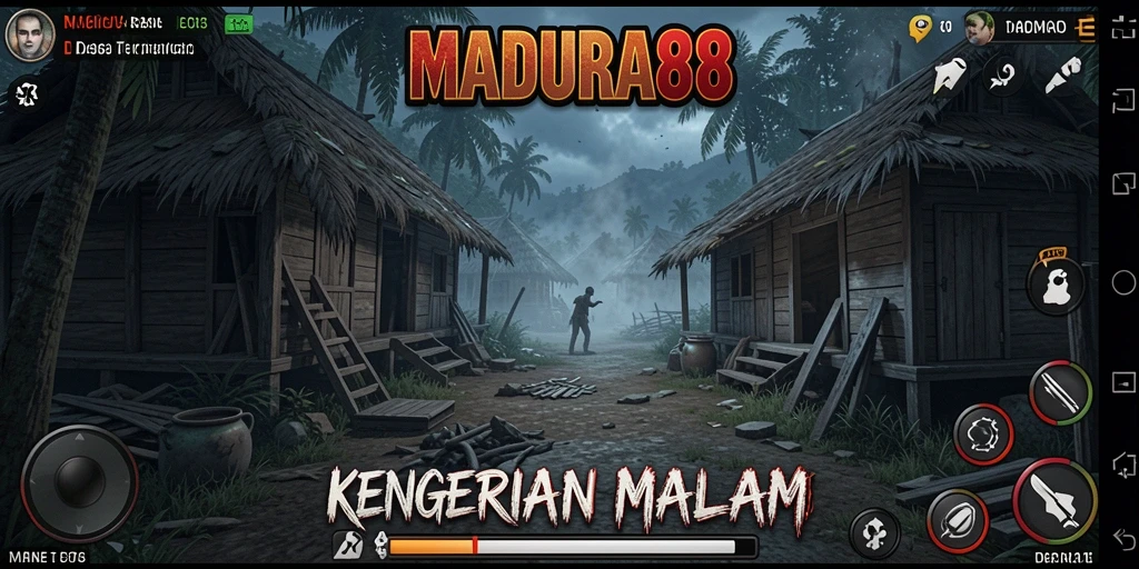 Screenshot gameplay <strong>MADURA88</strong> menampilkan suasana mencekam di desa yang angker.