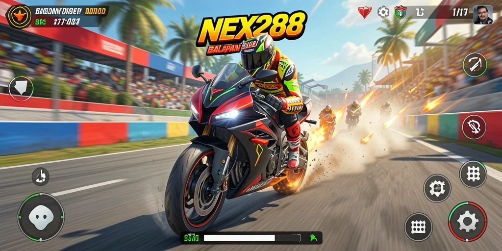 Tampilan gameplay NEX288 saat balapan motor yang mendebarkan.