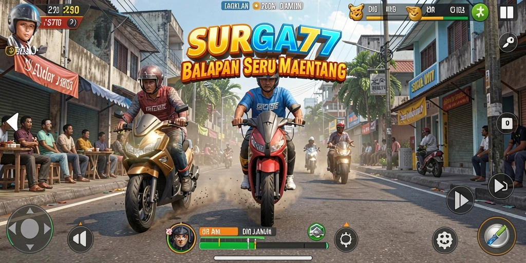 Gameplay balap mendebarkan dalam SURGA77 dengan trek dan kendaraan bervariasi.